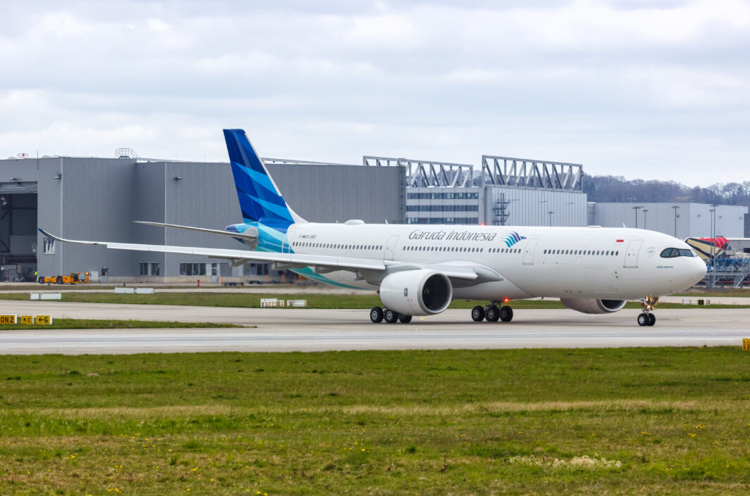 Garuda Indonesia Airbus A330-900neo airplane Hamburg Finkenwerder airport in Germany